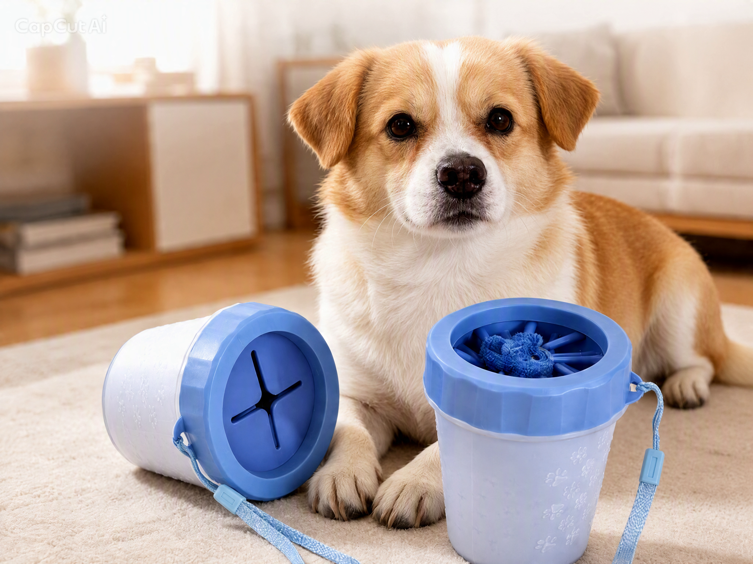 Cão junto a copos limpa-patas PawNova