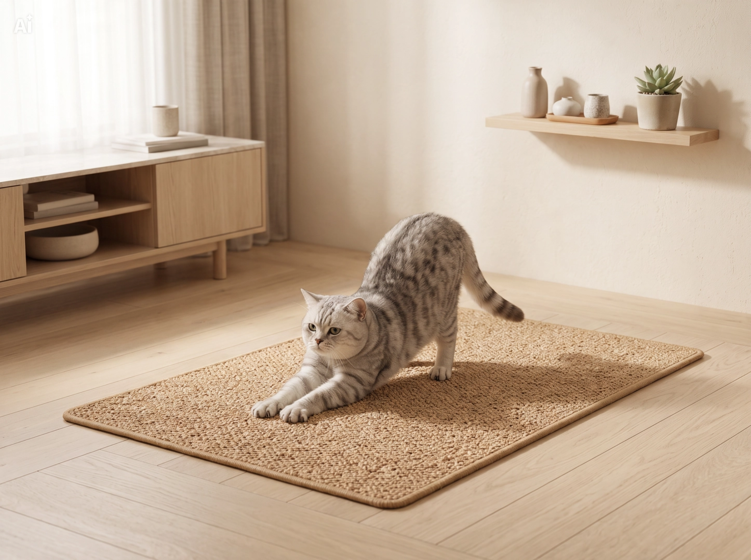 Tapete arranhador castanho em fibra natural entrançada para gatos