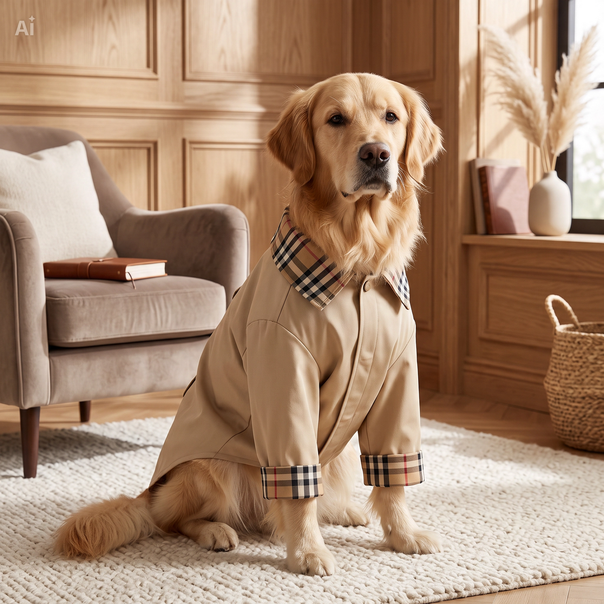 Casaco trench coat bege axadrezado para cão de porte grande