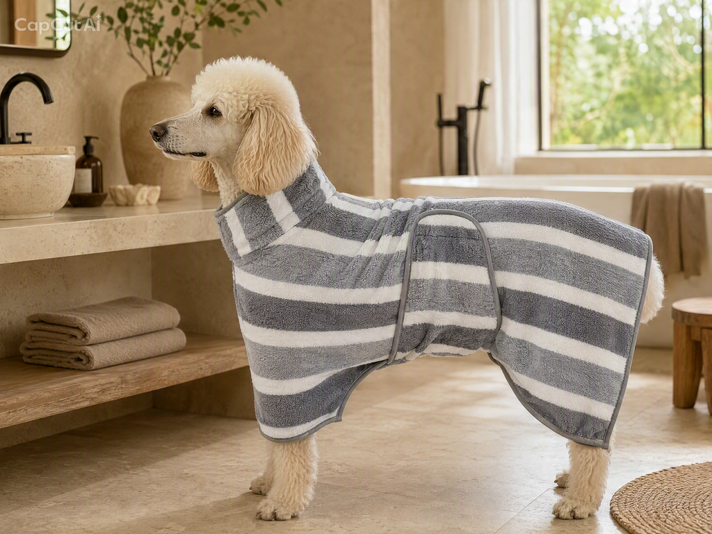 Roupão cinzento em fleece de coral absorvente para cão após o banho