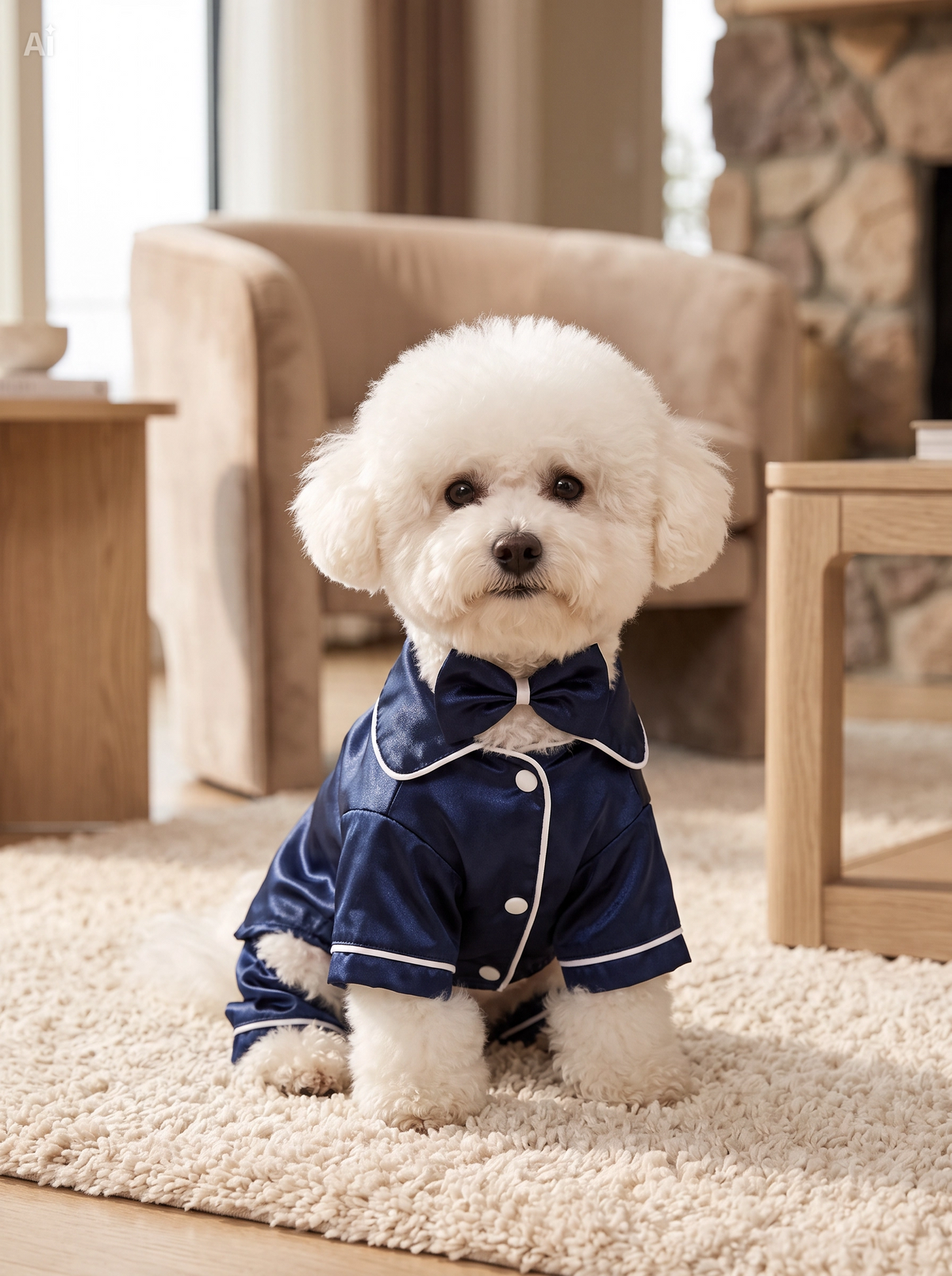Pijama de cetim azul-real com acessório de flor para a cabeça, para cão