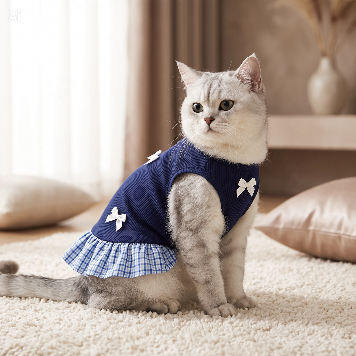 Vestido azul com laço e saia axadrezada para gato ou cão pequeno